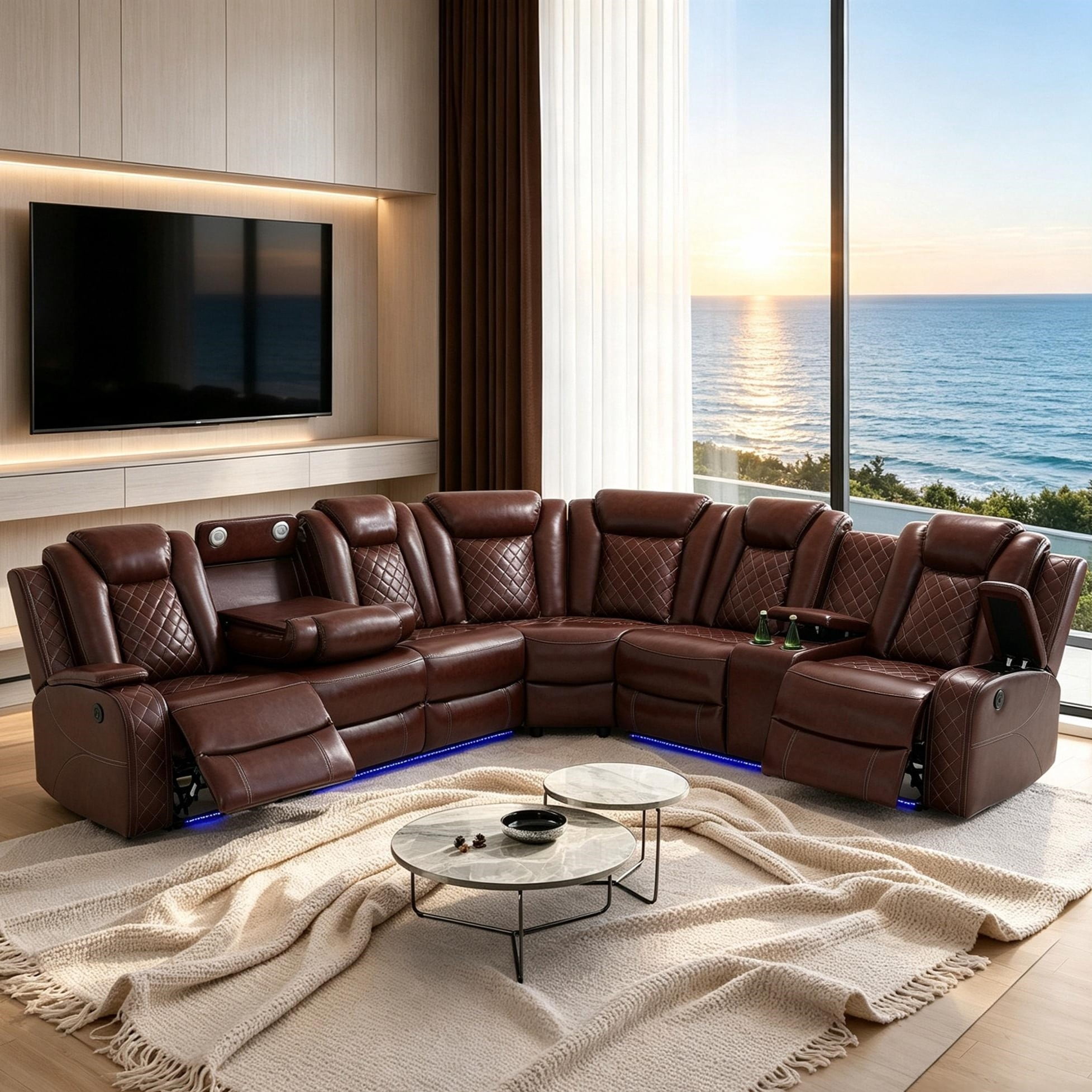 Gewnee Air Leather Power Recliner Sectional Sofa，L‑Shaped Recliner Couch with Cup Holders，Wireless Charging, LED Ambient Light, Console Storage，Home Theater Sofa for Living Room,Brown
