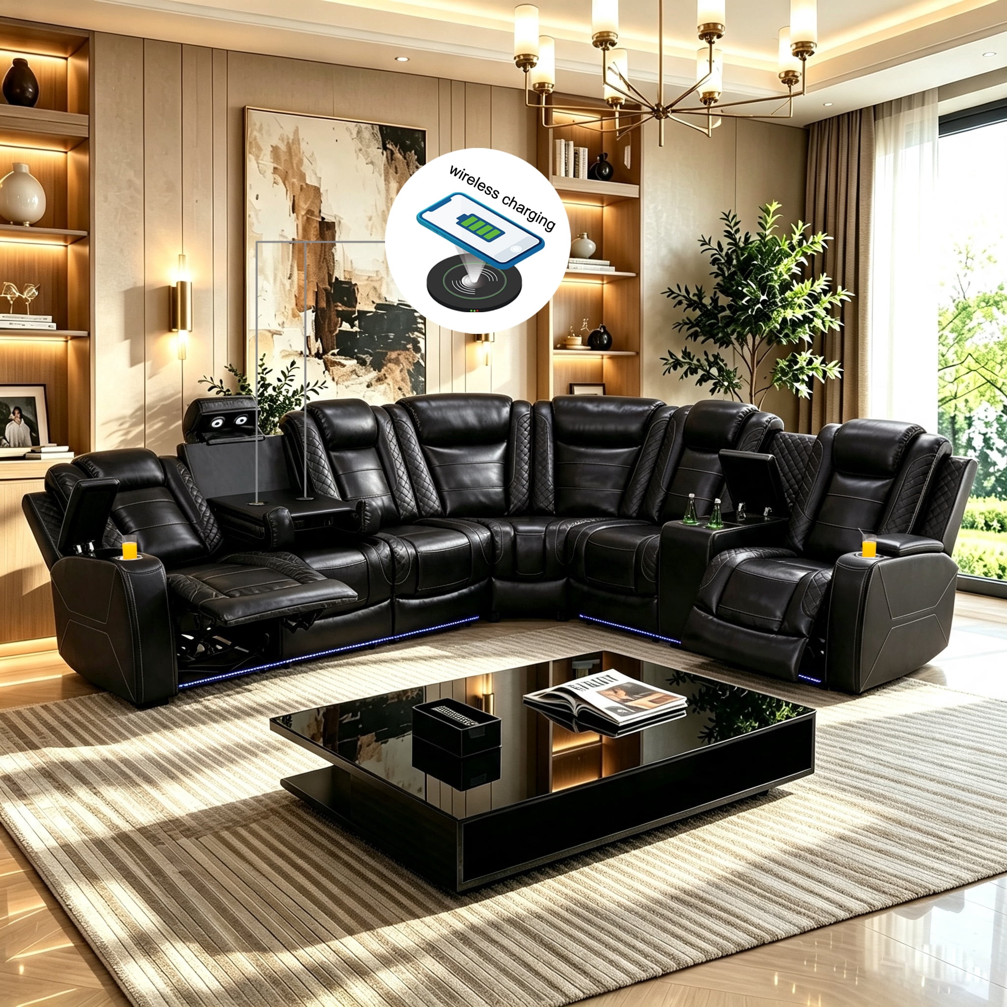 Gewnee Air Leather Power Recliner Sectional Sofa，L‑Shaped Recliner Couch with Cup Holders，Wireless Charging, LED Ambient Light, Console Storage，Home Theater Sofa for Living Room, Black