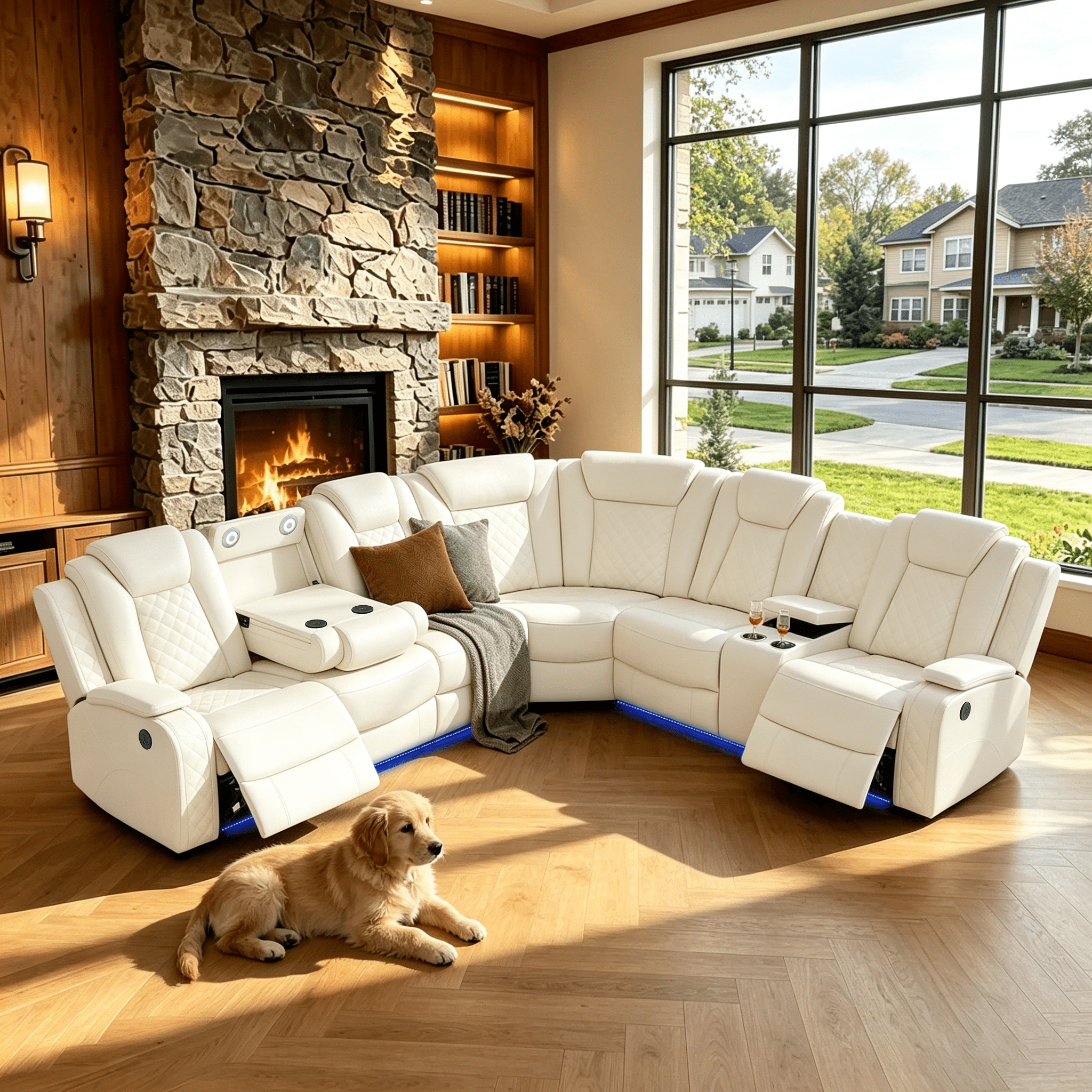 Gewnee Air Leather Power Recliner Sectional Sofa，Recliner Couch with Cup Holders，Wireless Charging,LED Ambient Light, Console Storage，Home Theater Sofa for Living Room,Creamy White
