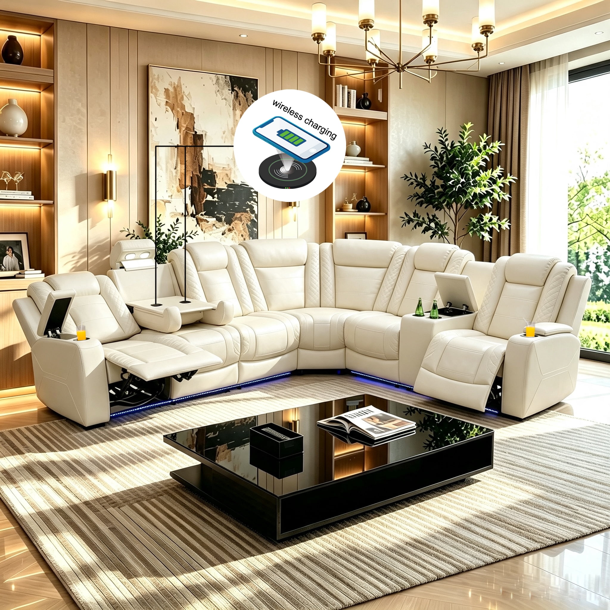 Gewnee Air Leather Power Recliner Sectional Sofa，L‑Shaped Recliner Couch with Cup Holders，Wireless Charging, LED Ambient Light, Console Storage，Home Theater Sofa for Living Room, Creamy White