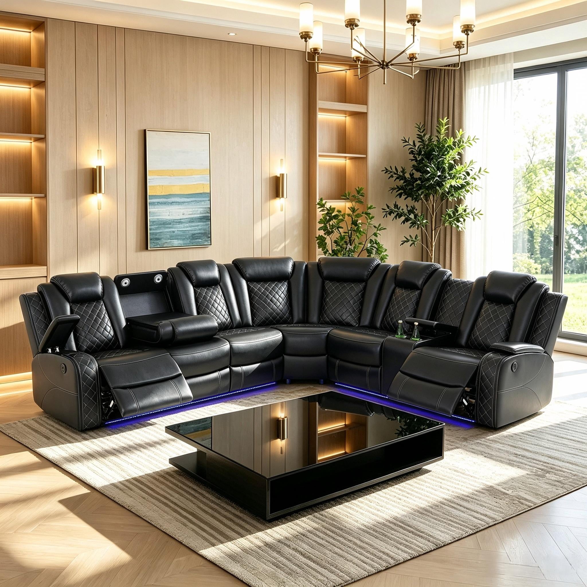 Gewnee Air Leather Power Recliner Sectional Sofa，L‑Shaped Recliner Couch with Cup Holders，Wireless Charging, LED Ambient Light, Console Storage，Home Theater Sofa for Living Room,Black