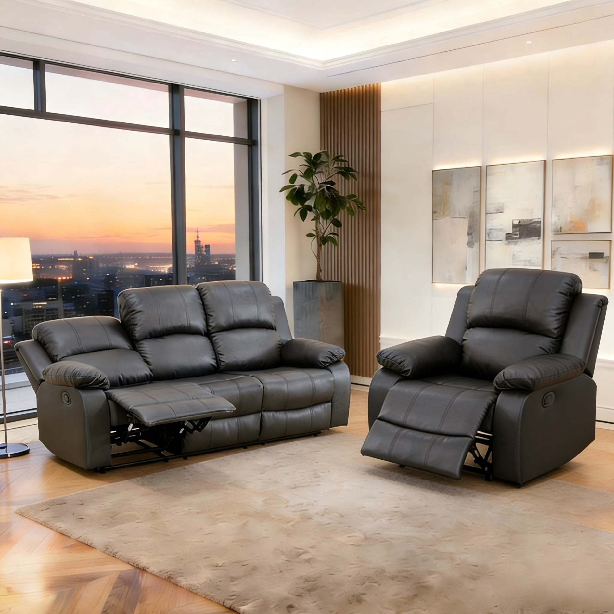 Gewnee Air Leather Sofa and Chaise Lounge Set for Living Room, Black