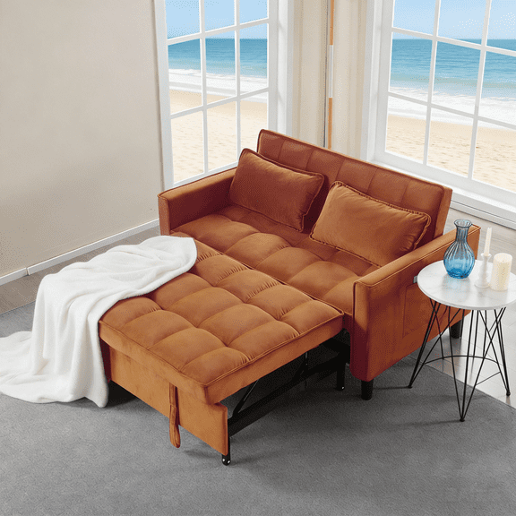 Gewnee Antique gold Velvet Pull-out Sleeper Sofa Bed - Solid Wood Frame, 2-Seater Loveseat for Home/Guest Room, Small Space Friendly