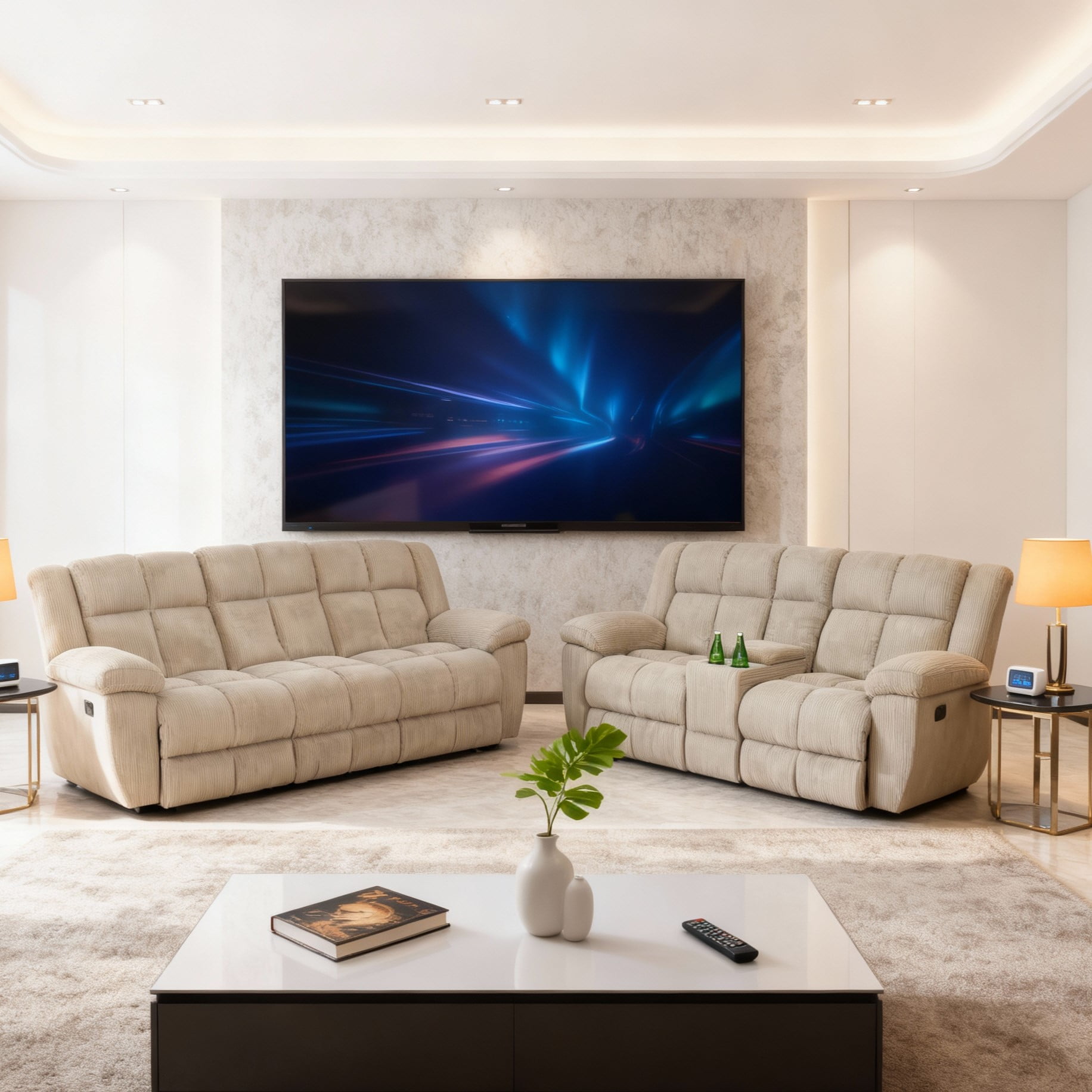 Gewnee Beige 2-Piece Multifunctional Smart Sofa with Console & Cup Holders, Solid Wood Frame, Double-Layer Springs and Corduroy Fabric