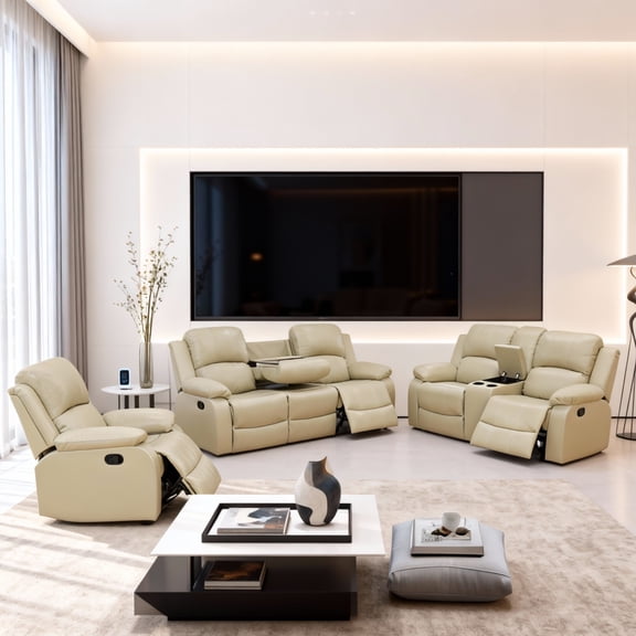 Gewnee Beige 3-Piece Living Room Air Leather Recliner Sofa Set with Console & Cup Holders