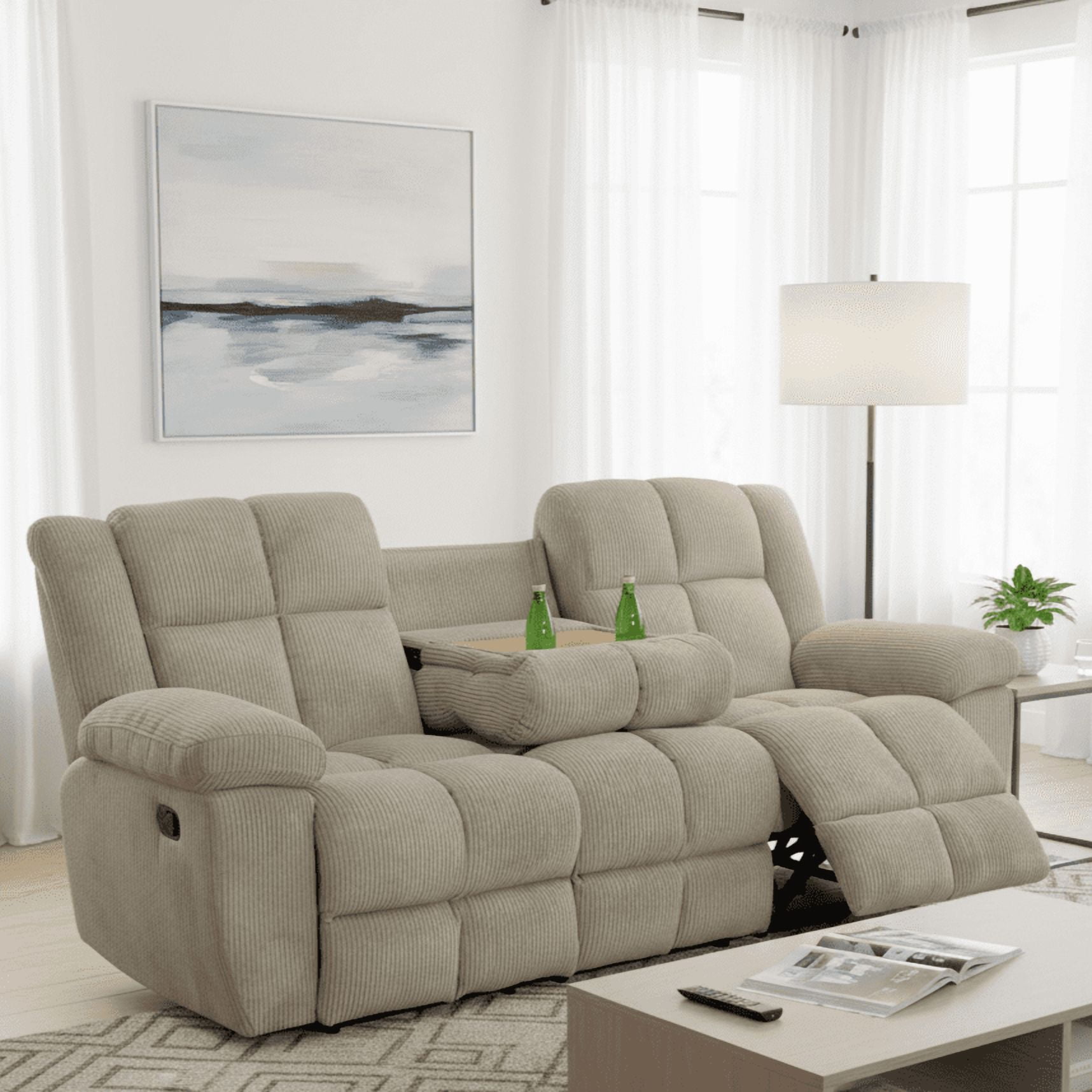 Gewnee Beige 3-Seat Smart Sofa, Soft Corduroy & Solid Wood Frame, with Console & Cup Holders, Adjustable Recline Suitable for Living Room