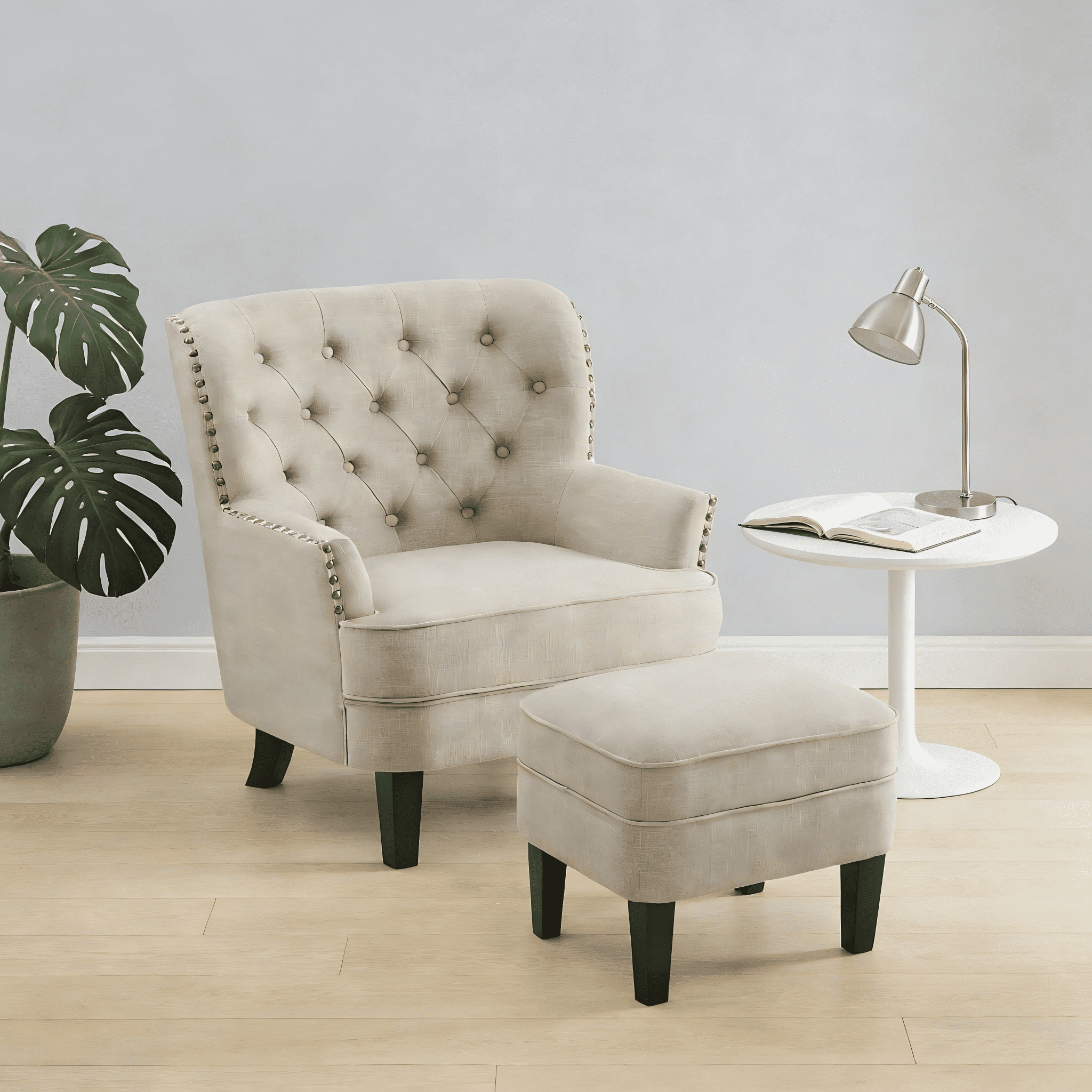 Gewnee Beige 30-Inch Armchair with 20-Inch Ottoman Style - Solid Rubberwood Legs, Breathable Linen Fabric, Suitable for Living Room & Balcony