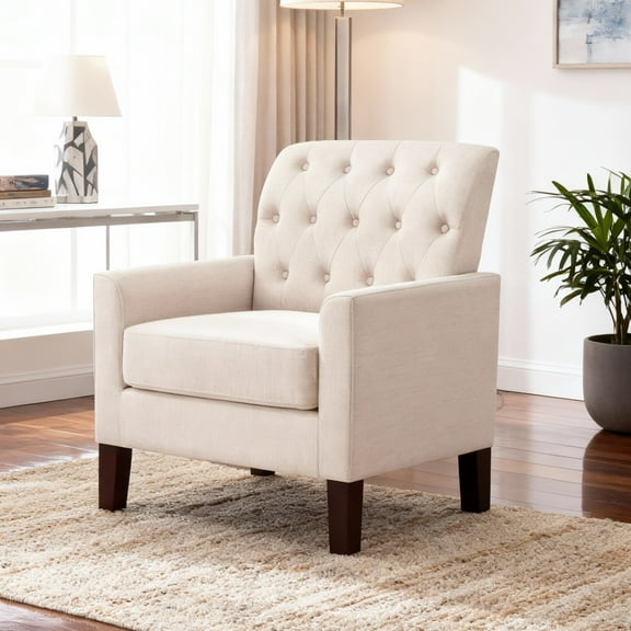 Gewnee Beige 30” Linen Accent Armchair, Solid Rubberwood Legs, Suitable for Living Room & Balcony