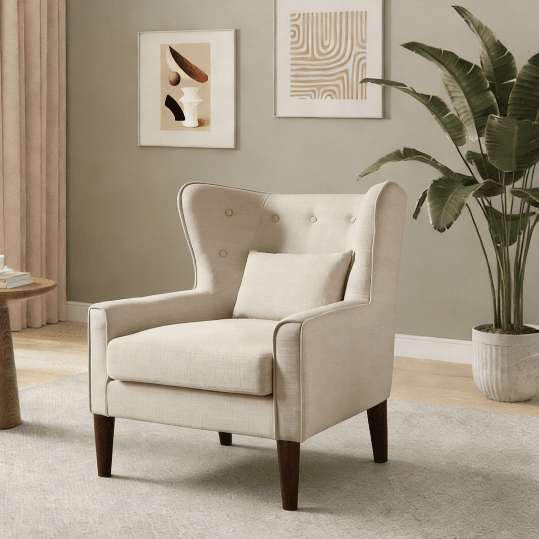 Gewnee Beige 32" Accent Chair Linen Fabric Solid Rubberwood Legs with Back Cushion for Living Room Balcony