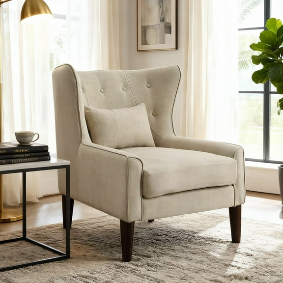 Gewnee Beige 32" Accent Chair - Solid Rubberwood Legs, Linen Fabric with Back Cushion, Suitable for Living Room & Balcony