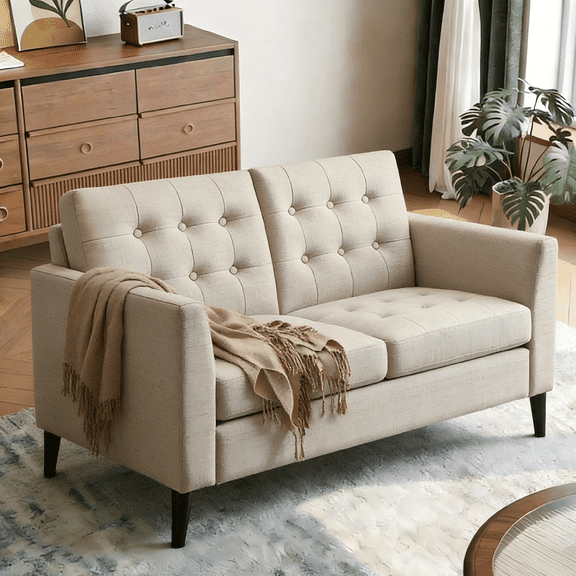 Gewnee Beige 48-Inch Linen Loveseat Sofa 2-Seater Upholstered Couch Solid Rubberwood Legs Button-Tufted Backrest for Living Room Bedroom
