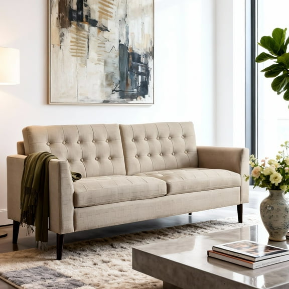 Gewnee Beige 68-Inch Linen Loveseat Sofa - 2-Seater Upholstered Couch with Solid Rubberwood Legs, 100% Linen Fabric & Button-Tufted Backrest for Living Room/Bedroom