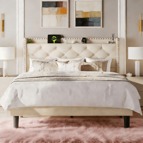 Gewnee Beige King Size Platform Bed with Storage Headboard, Charging Station, Wingback Design - Sturdy Metal Frame & Noise-Free Assembly for Bedroom
