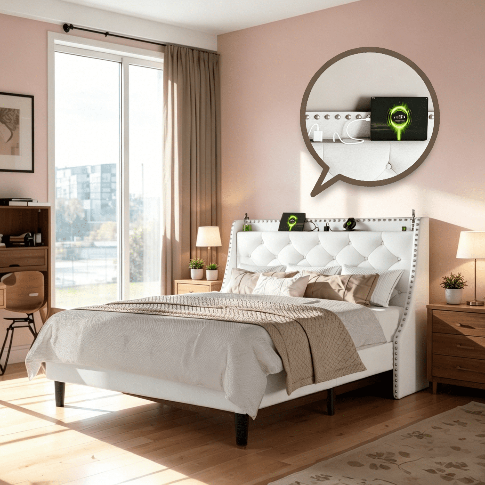 Gewnee King Size Upholstered Platform Bed with 16” Wide Wingback Button Tufted Headboard, Nailhead Trim,Built-in Charging Station (2 AC Outlets & 2 USB Ports),8” Underbed Storage.White