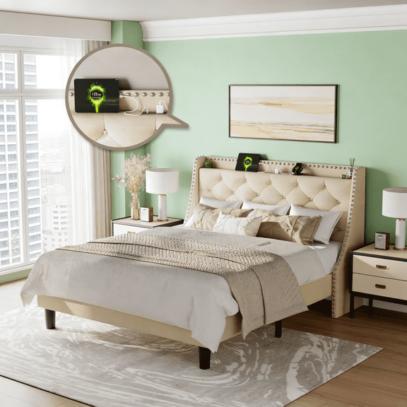 Gewnee Beige King Size Platform Bed with Storage Headboard, Charging Station, Wingback Design - Sturdy Metal Frame & Noise-Free Assembly for Bedroom