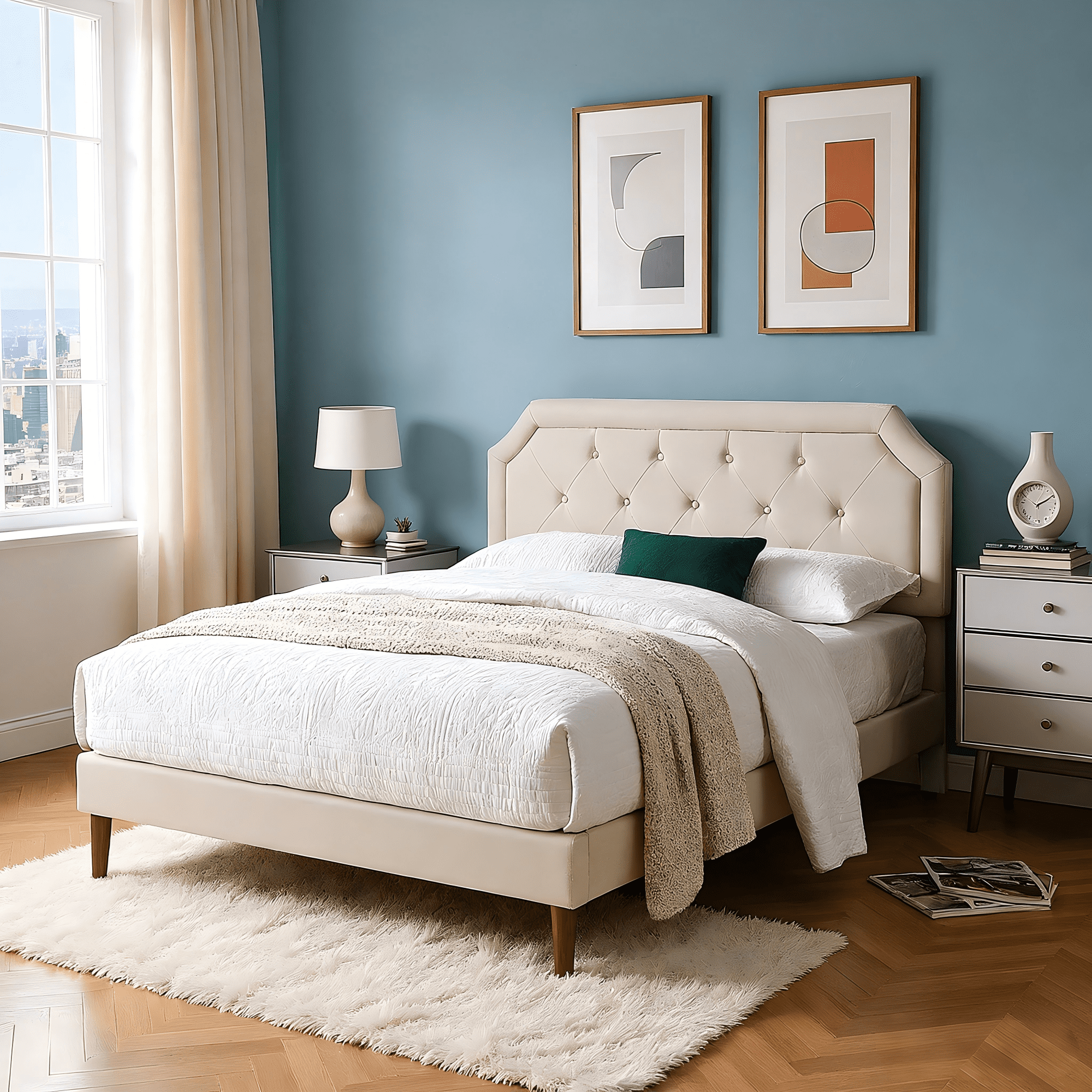 Gewnee Beige King Size Upholstered Platform Bed Frame Linen Upholstery Solid Wood Frame Adjustable Height Headboard Rubber Wood Legs Wooden Slat Support for Bedroom No Box Spring Required