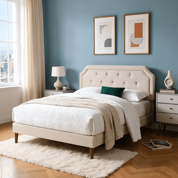 Gewnee Beige King Size Upholstered Platform Bed Frame Linen Upholstery Solid Wood Frame Adjustable Height Headboard Rubber Wood Legs Wooden Slat Support for Bedroom No Box Spring Required