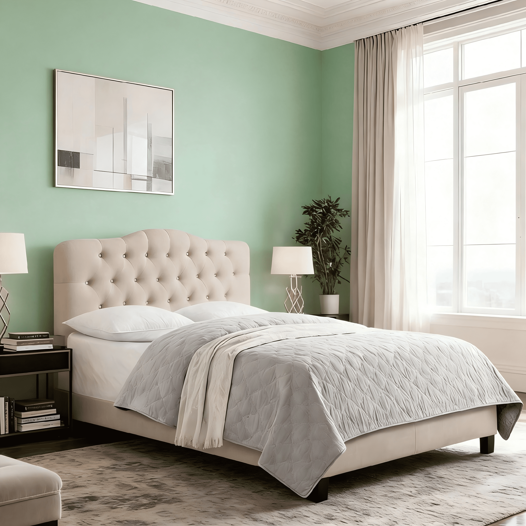 Gewnee Beige Queen Platform Bed,Linen Fabric Padded Headboard,Solid Wood Slat Support & Sturdy Construction,Ideal for Bedroom,Box Spring Required