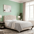 thumbnail image 1 of Gewnee Beige Queen Platform Bed,Linen Fabric Padded Headboard,Solid Wood Slat Support & Sturdy Construction,Ideal for Bedroom,Box Spring Required, 1 of 10