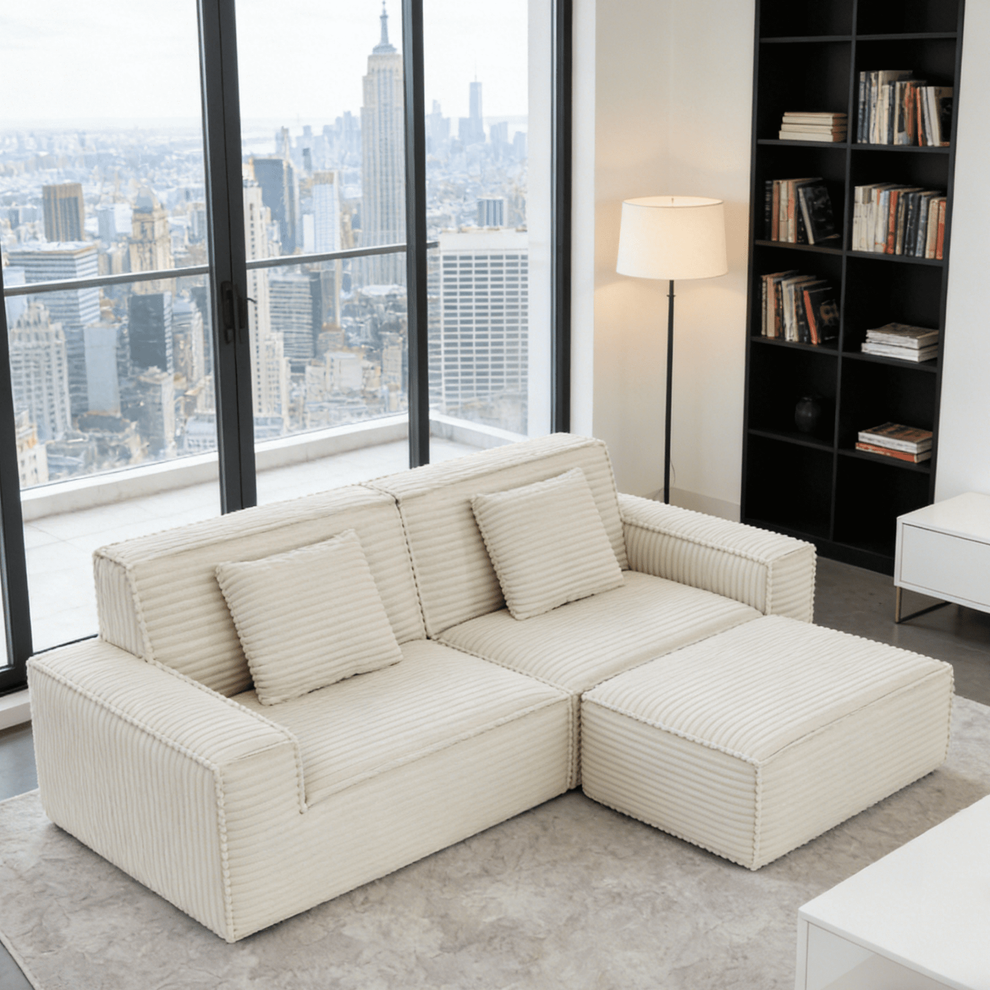 Gewnee Beige 106.3 Inch Compression Sofa - Full Sponge High Rebound,Straight Row with Foot Pedal,for Living Room & Bedroom.Beige