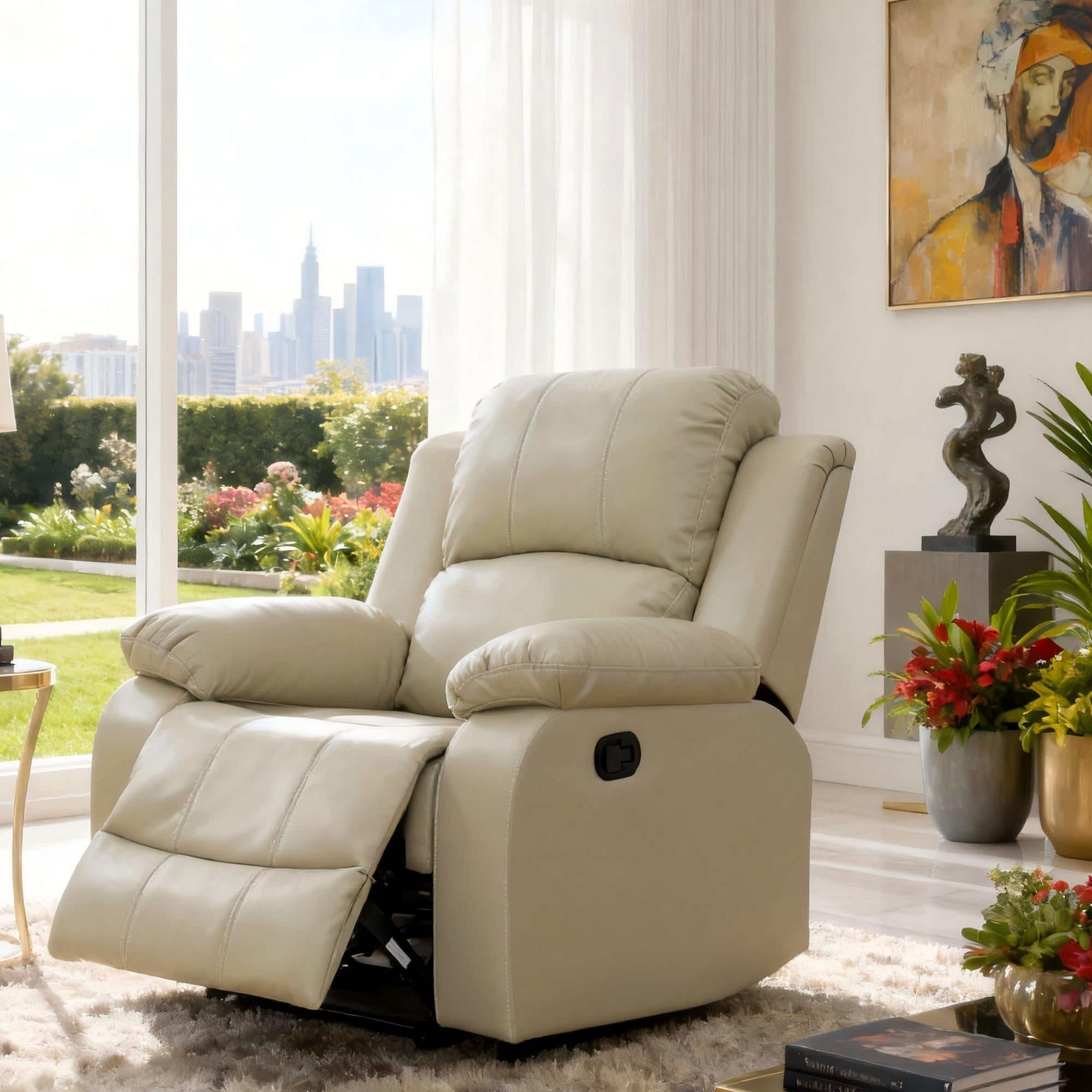 Gewnee Beige Manual Recliner Chair – Air Leather Single Sofa with Plush Comfort, Perfect for Living Rooms