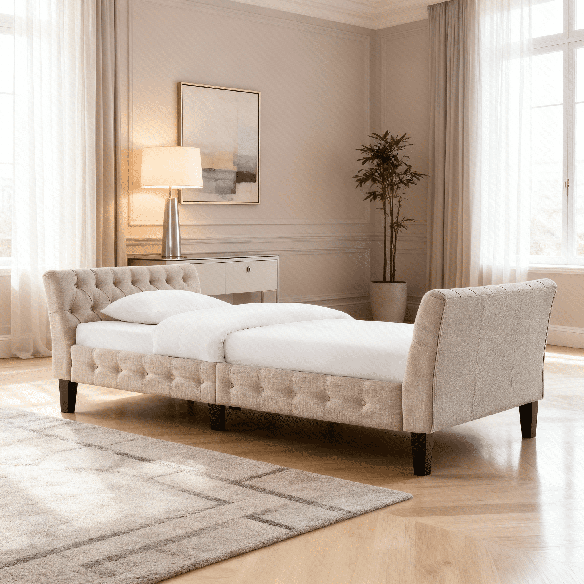 Gewnee Beige Twin Size Sofa Bed, Linen Upholstered with Solid Rubber Wood Legs for Living Room, Apartment, Guest Room