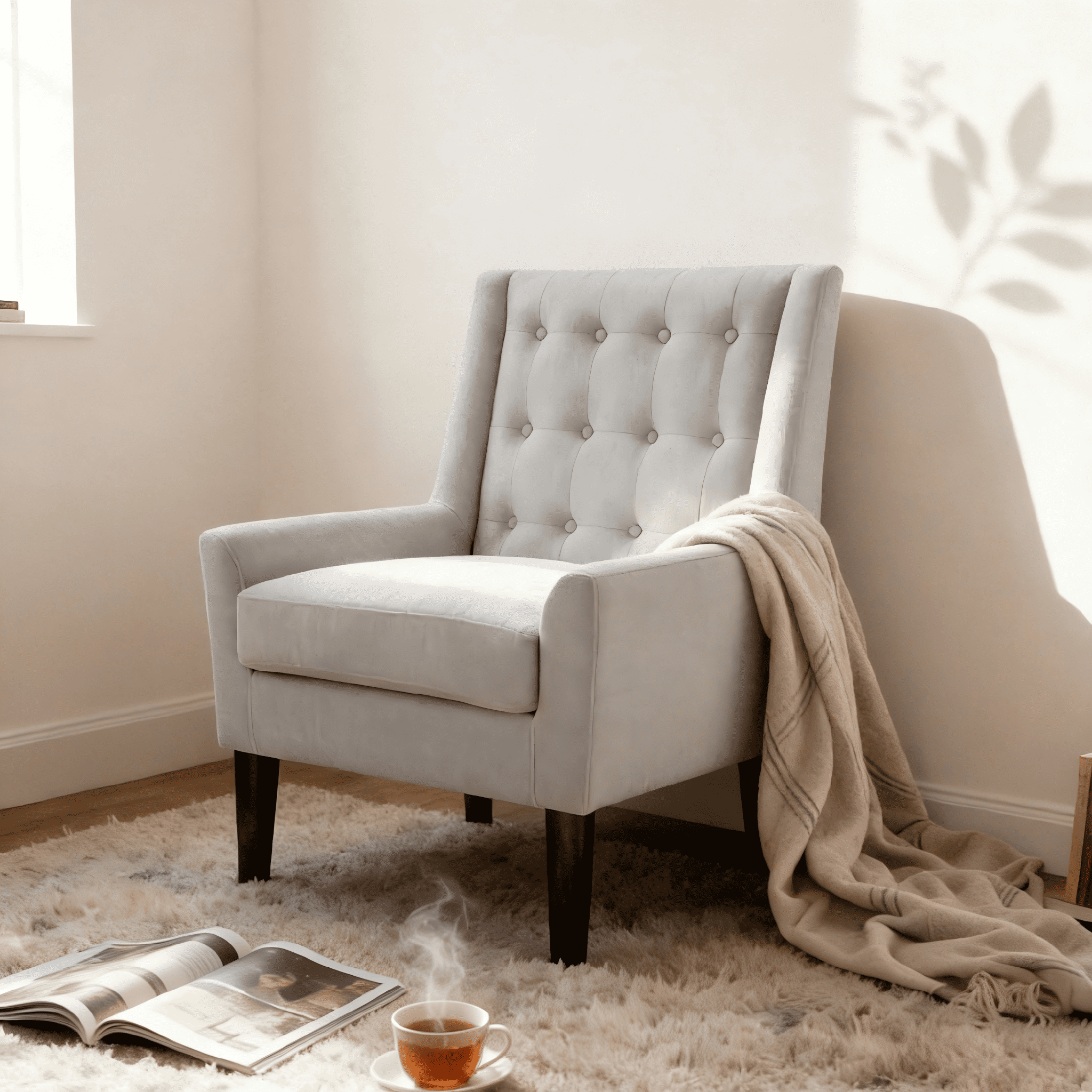 Gewnee Beige Velvet Accent Armchair with Solid Rubberwood Legs - Living Room & Balcony