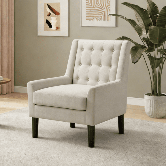 Gewnee Beige Velvet Tufted Wingback Accent Armchair Solid Rubberwood Legs for Living Room & Balcony