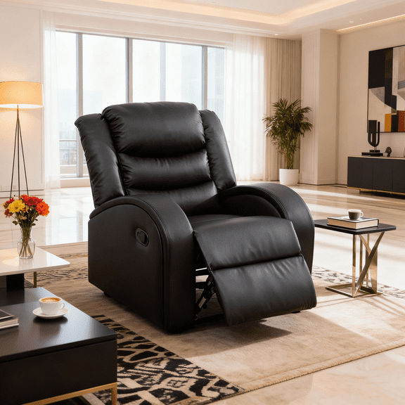 Gewnee Black Manual Recliner Chair – Air Leather Single Sofa with Plush Comfort, Perfect for Living Rooms