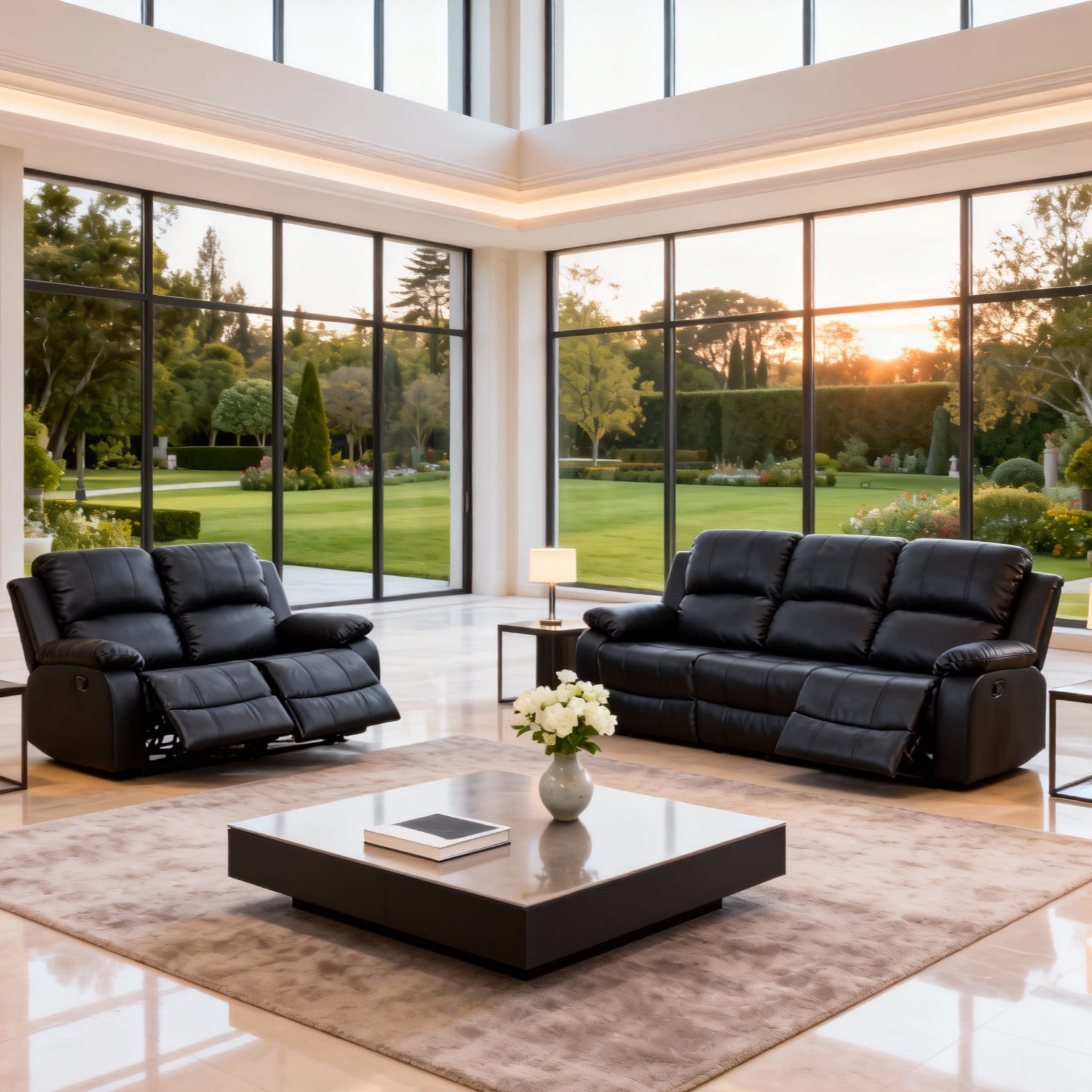 Gewnee Black 2-Piece Living Room Air Leather Recliner Sofa Set