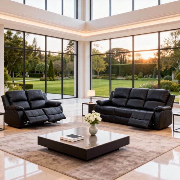 Gewnee Black 2-Piece Living Room Air Leather Recliner Sofa Set