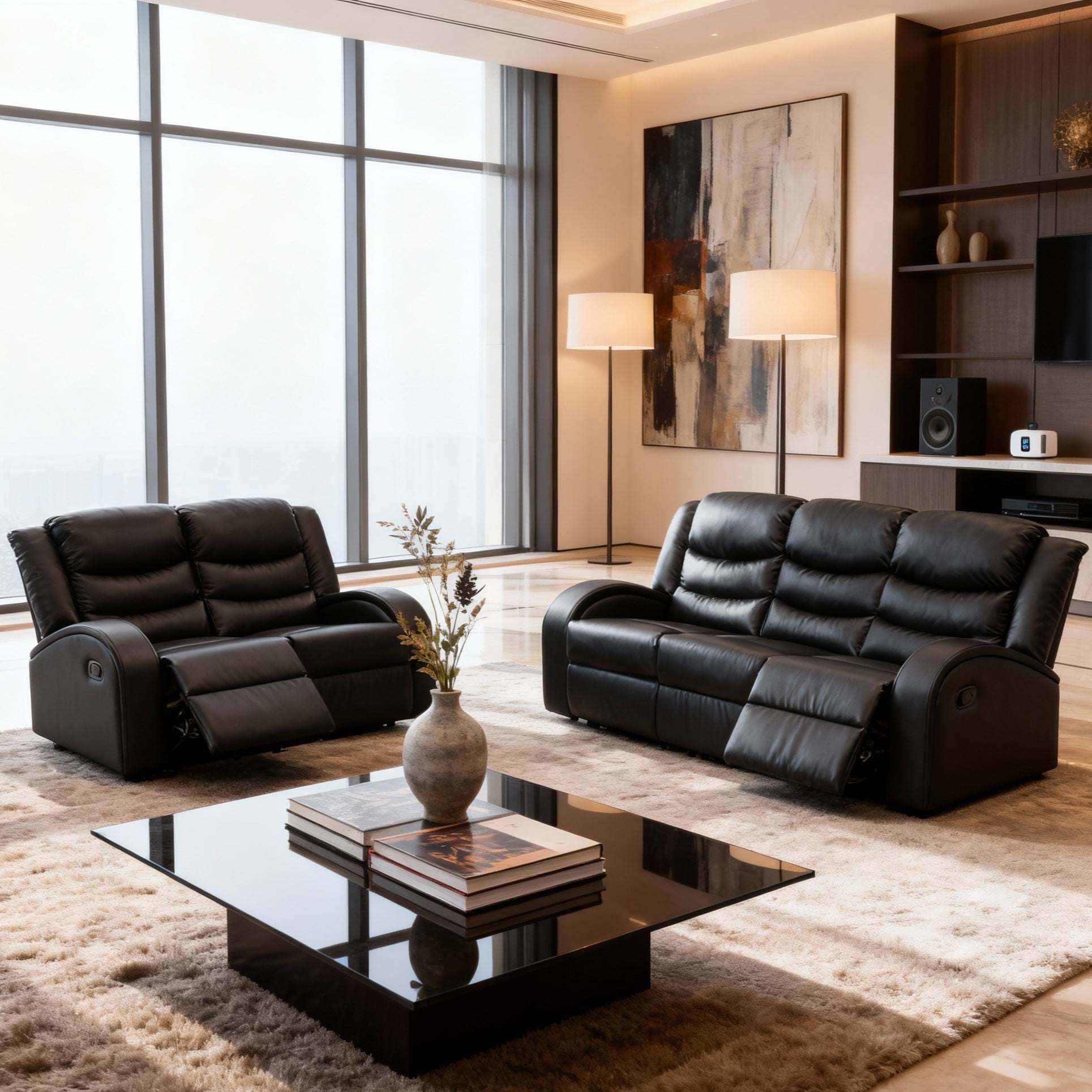 Gewnee Black 2-Piece Living Room Recliner Sofa Set with Air Leather & Solid Wood Frame, Double-Layer Springs, Suitable for Living Room