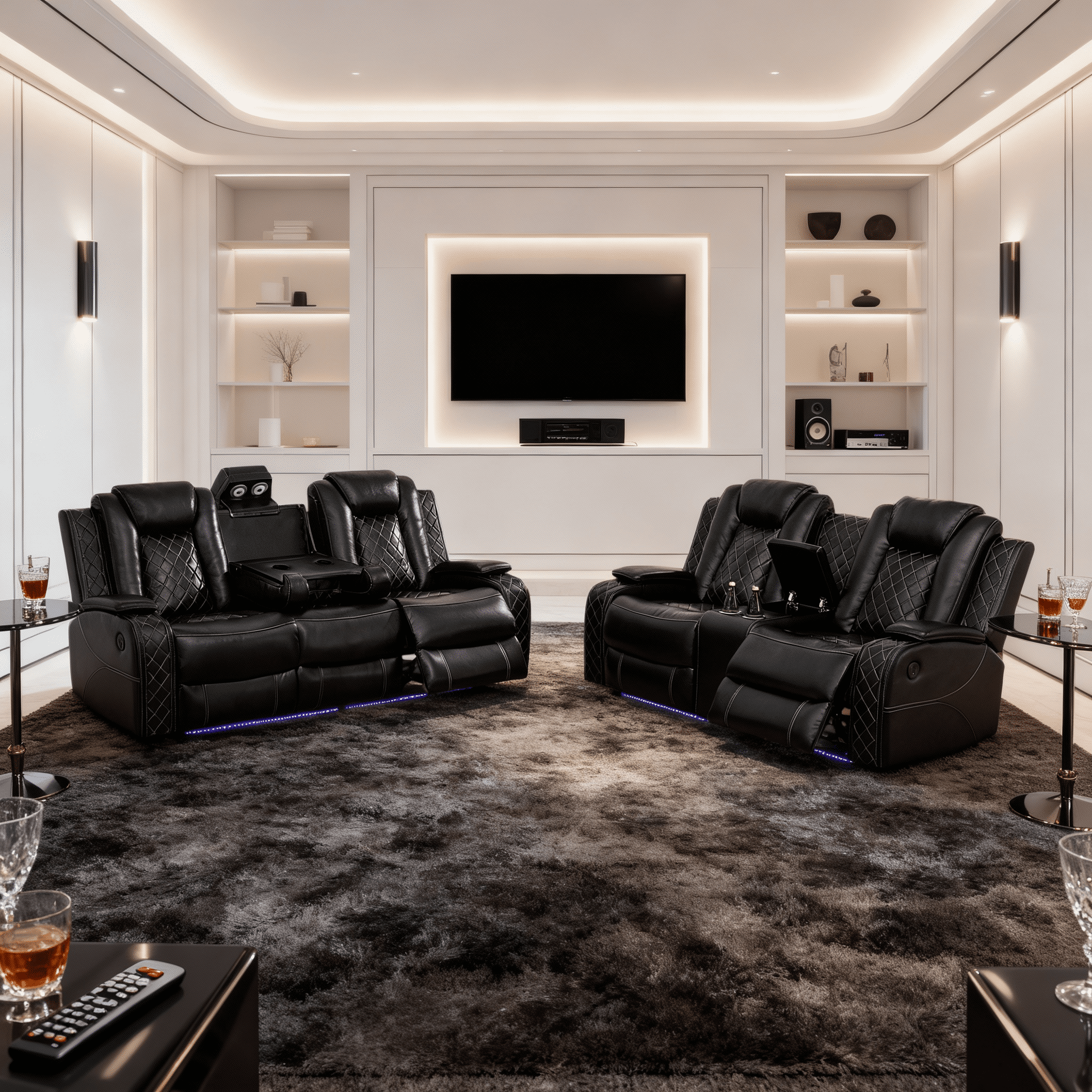 Gewnee Black 2-Piece Multifunctional Smart Sofa with Console & Cup Holders, Solid Wood Frame, Double-Layer Springs and Air Leather