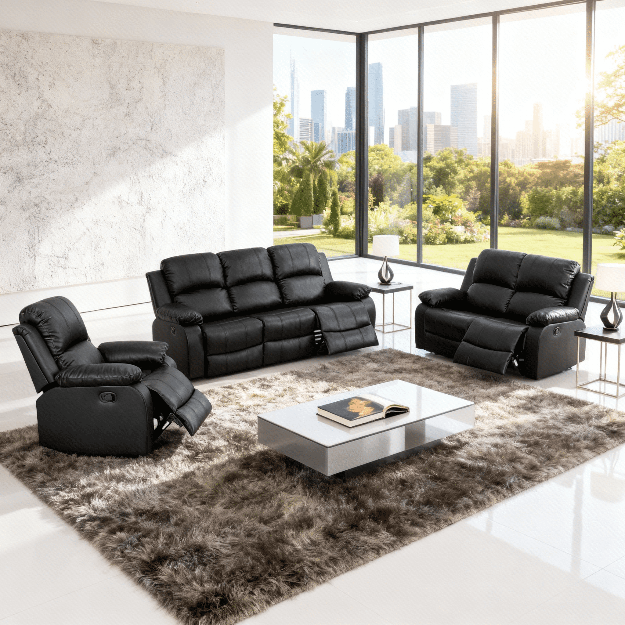 Gewnee Black 3-Piece Living Room Air Leather Recliner Sofa Set