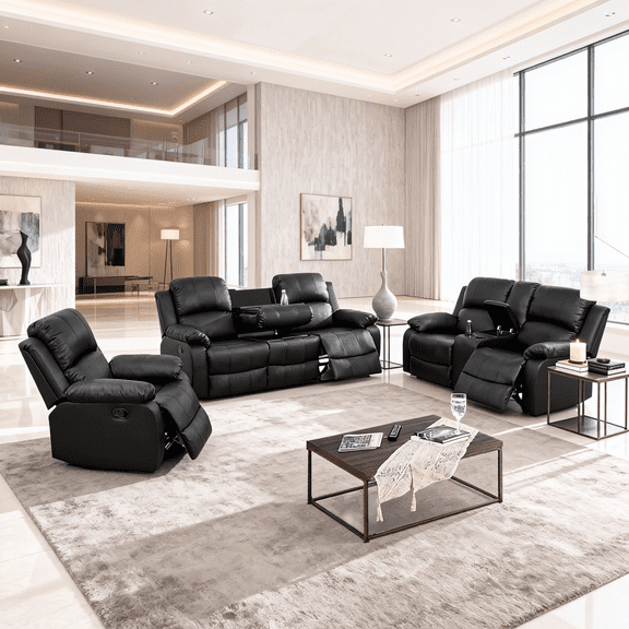 Gewnee Black 3-Piece Living Room Recliner Sofa Set,Air Leather Upholstery with Console & Cup Holders