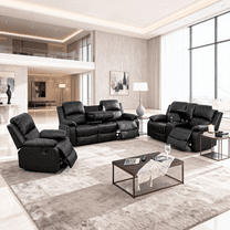 Gewnee Black 3-Piece Living Room Recliner Sofa Set,Air Leather Upholstery with Console & Cup Holders