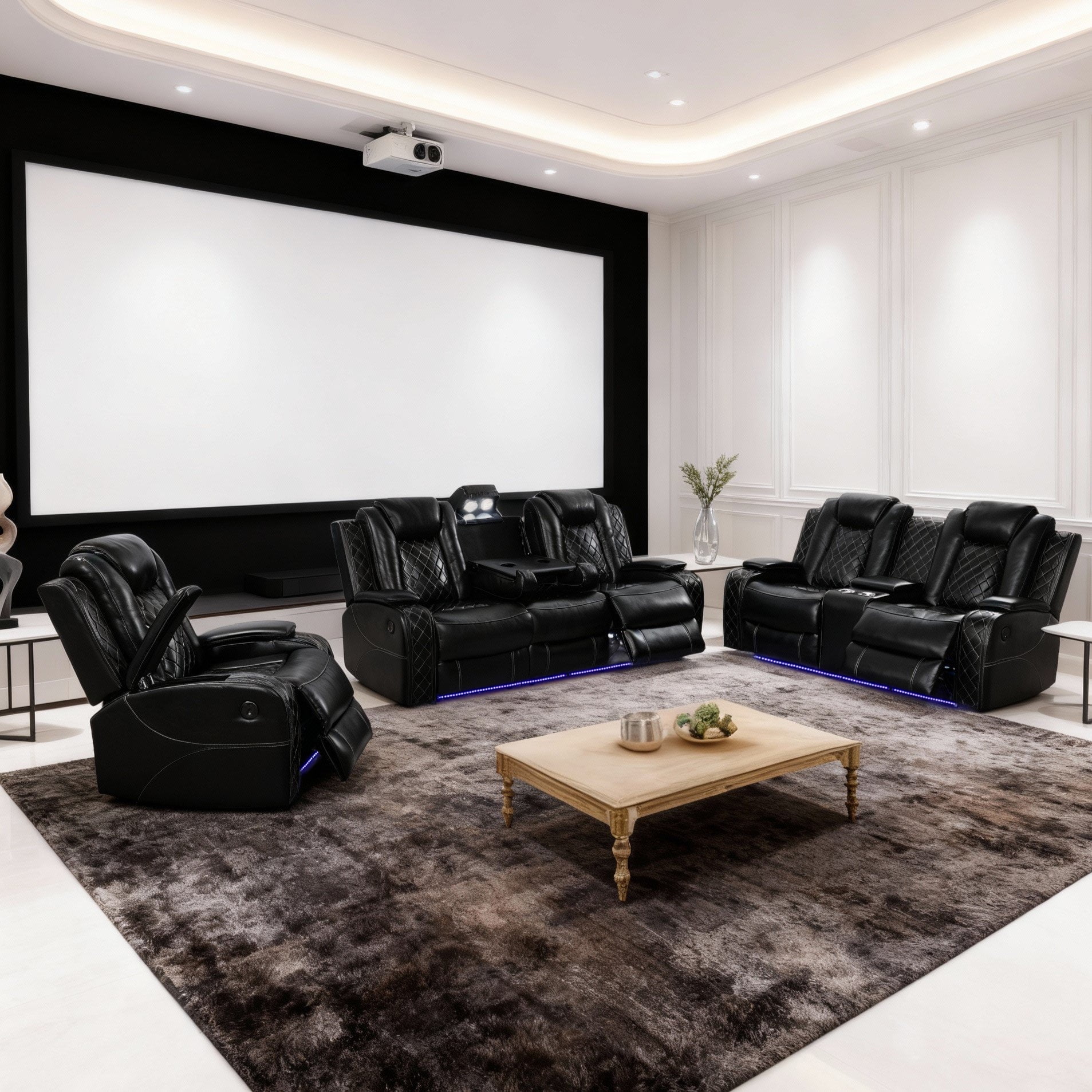 Gewnee Black 3-Piece Multifunctional Smart Sofa with Console & Cup Holders, Solid Wood Frame, Double-Layer Springs and Air Leather