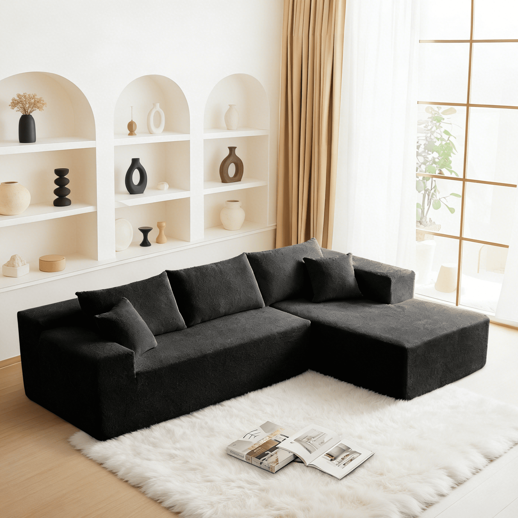Gewnee Black 3-Seater Deep Seat Compressed Velvet Sofa, Soft Cushion Couch for Living Room & Bedroom