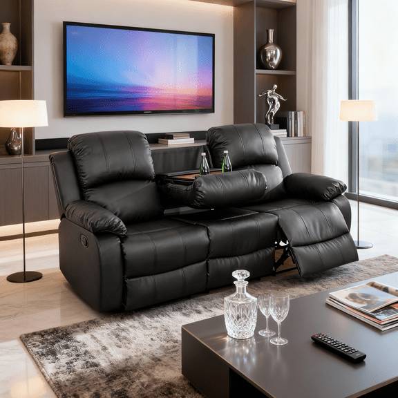 Gewnee Black 3-Seater Sofa with Console & Cup Holders, Air Leather & High-Elastic Sponge, Adjustable Recline, Perfect for Living Rooms