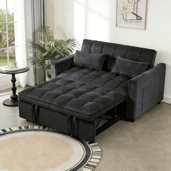 Gewnee Black 52.75" Convertible Sleeper Sofa Bed Adjustable Backrest Solid Wood Frame for Living Room