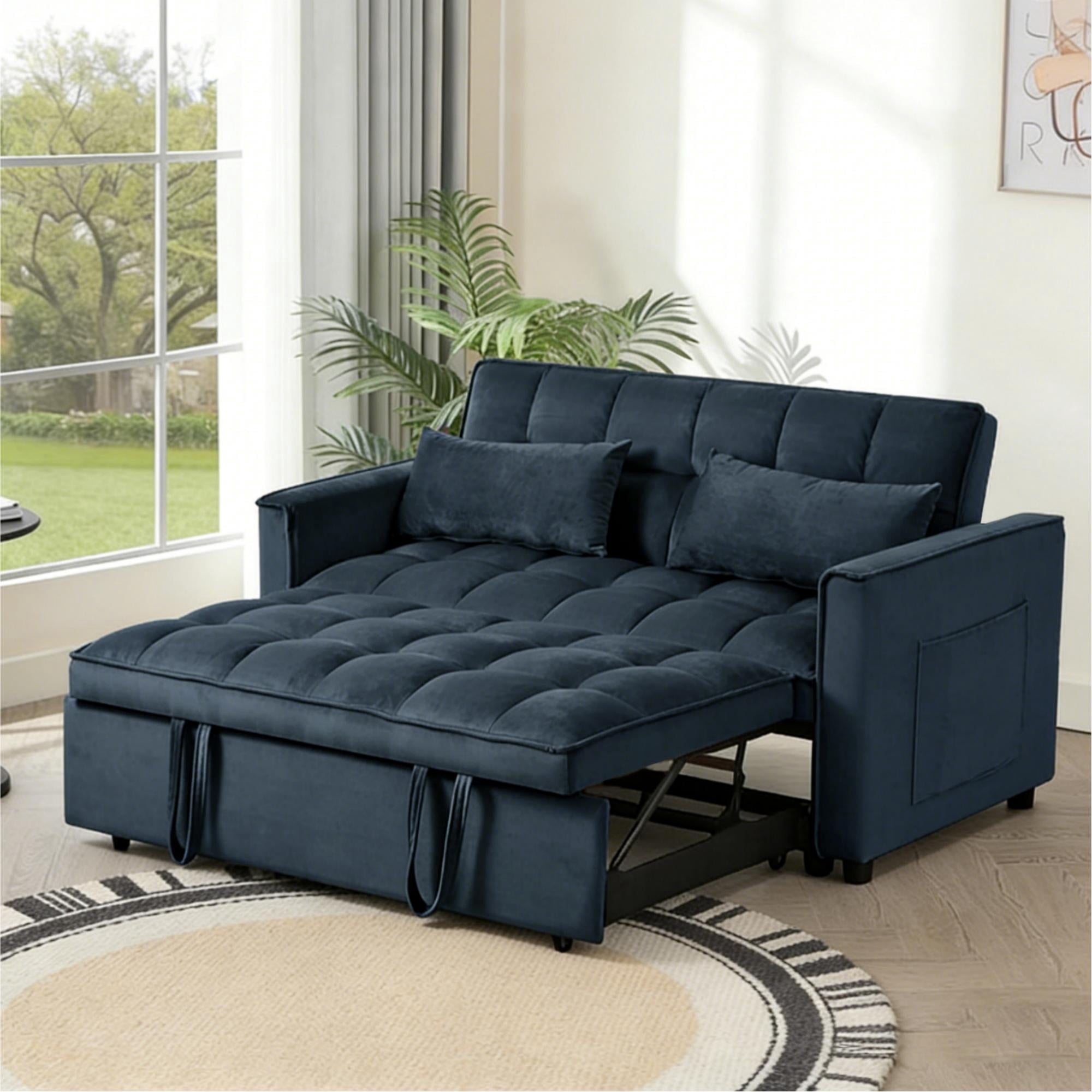 Gewnee 52.75 Inch 3 in 1 Convertible Sofa Bed,Velvet Pull Out Couch WITH Adjustable Backrest & Storage Pockets for Living Room,Apartment.Black
