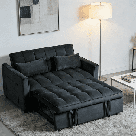 Gewnee Black 52.75 Inch Convertible Sleeper Sofa Bed with Adjustable Backrest, Storage Pocket & Solid Wood Frame for Living Room