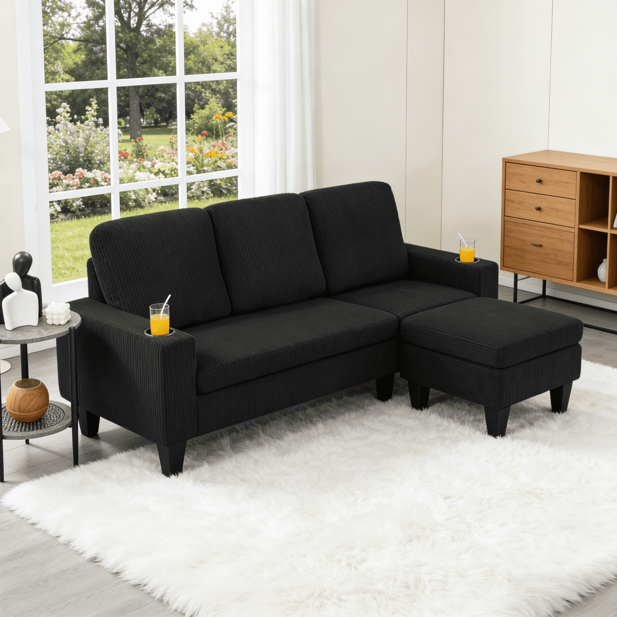 Gewnee Black 69.88” L-Shaped Sectional Sofa, Corduroy with Reversible Ottoman & Cup Holders for Living Room