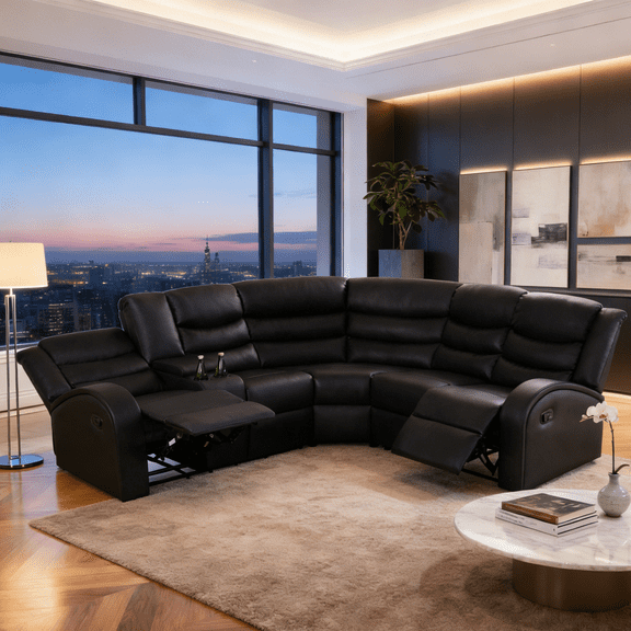Gewnee Black Air Leather Manual Recliner Sectional Sofa, Angle Adjustable with Cup Holder, Oversize Couch for Living Room Home Office Theater