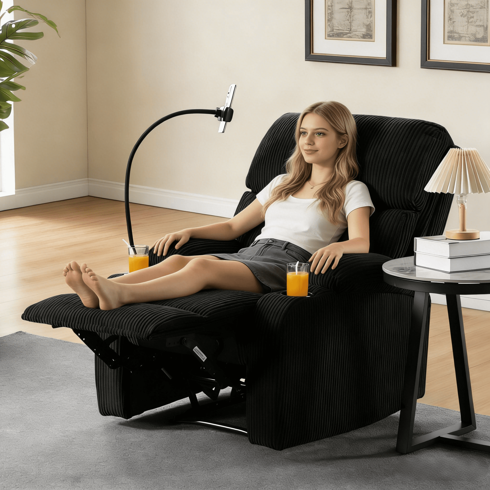 Gewnee Black Corduroy Manual Recliner Chair - Solid Wood Frame with Phone Holder & Cup Holders, Ergonomic Backrest for Living Room Bedroom Office