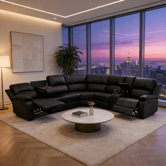Gewnee Black Oversize Air Leather Manual Sectional Sofa Set with Cup Holder & Storage, Manual Reclining Couch for Living Room