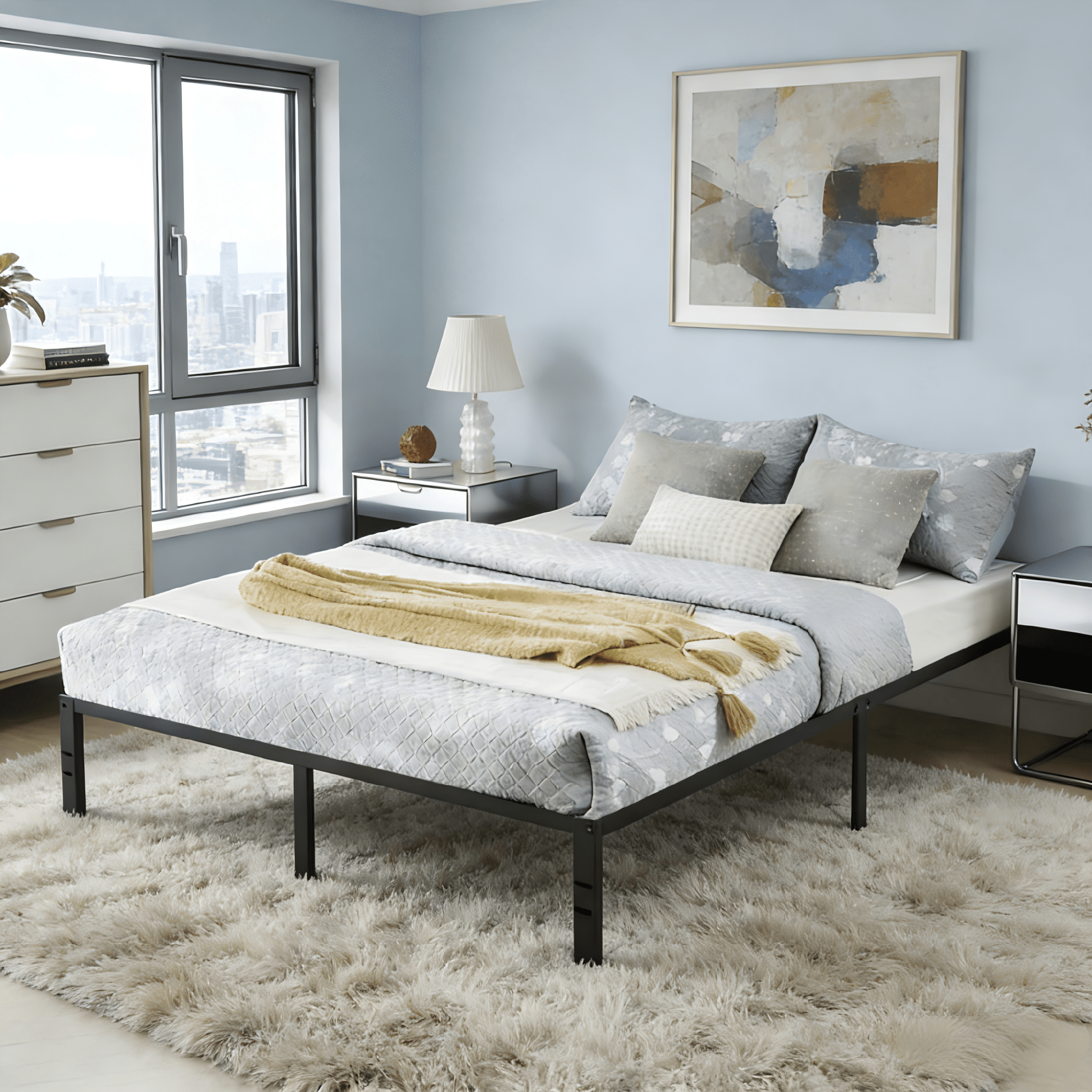 Gewnee Black Queen Size Bed Frame, Metal Construction with Slats & Center Support, No Box Spring Needed, 1100 LBS Capacity, for Bedroom Guest Room Dorm