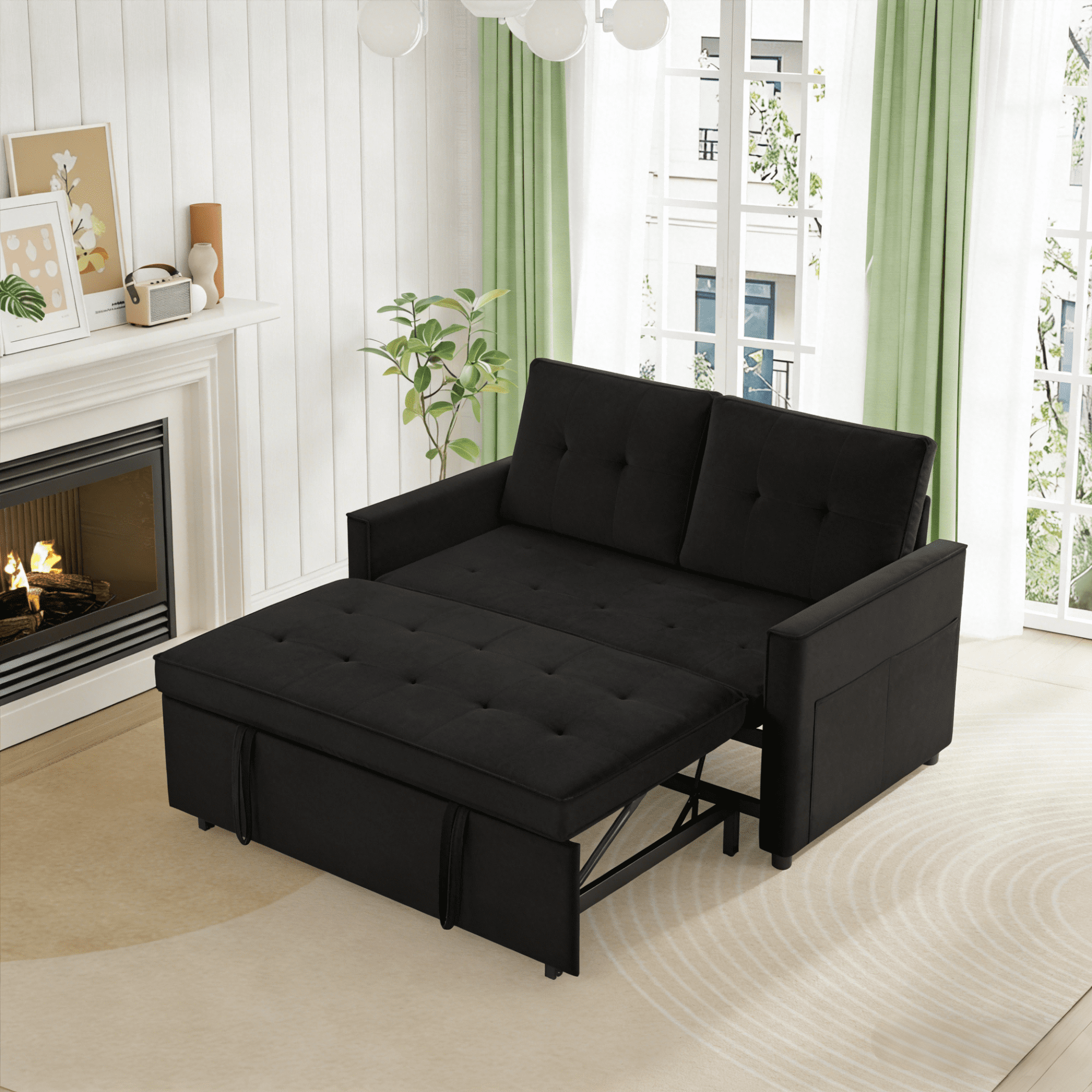 Gewnee Black Velvet Convertible Loveseat with Adjustable Backrest and Storage Pockets