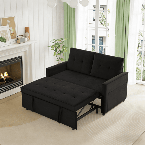 Gewnee Black Velvet Convertible Loveseat with Adjustable Backrest and Storage Pockets