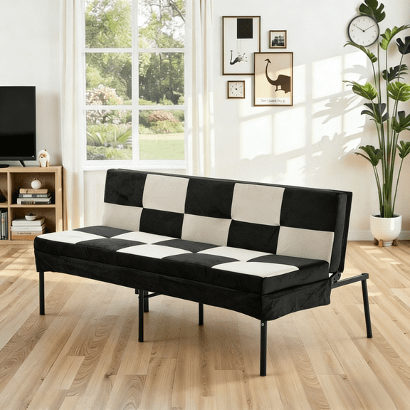 Gewnee Velvet 63.58"Folding Sofa Bed,Adjustable Convertible Folding Sleeper Couch Bed,Modern Futon for Living Room,Office,Small Space,Black & White